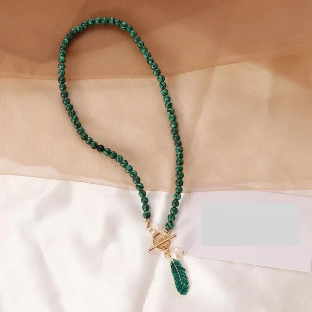 Malachite Pearl & Leaf Elegant Necklace