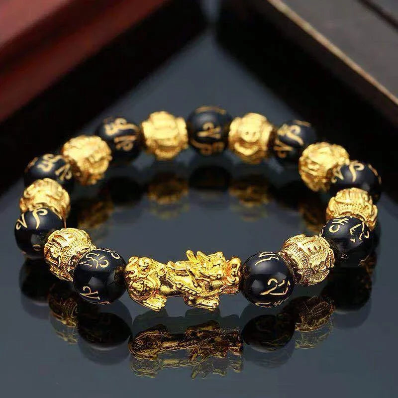 Natural Obsidian Pixiu Wealth & Luck Engraved Bracelet