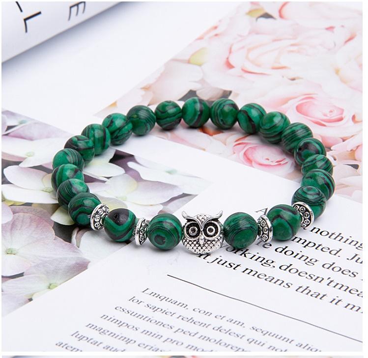 Malachite Peaceful Energy With Owl Charm Lucky Bracelet